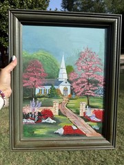 Original Signed Painting on Canvas Church Landscape Framed Signed Rose 2000 Vtg.