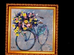 ORIGINAL Royal Pink Yellow Bluebonnet Floral Bouquet Basket Bicycle Oil Board Vt