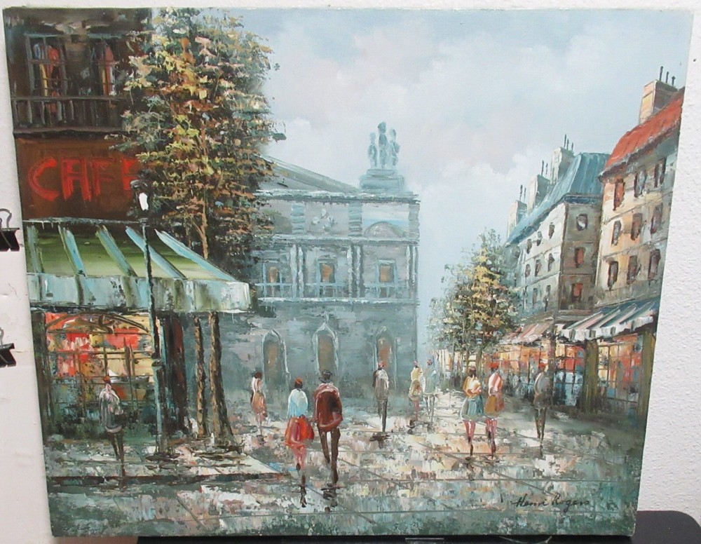 HENRI ROGERS PARIS CAFE STREET SCENE ORIGINAL OIL ON CANVAS PAINTING UNFRAMED