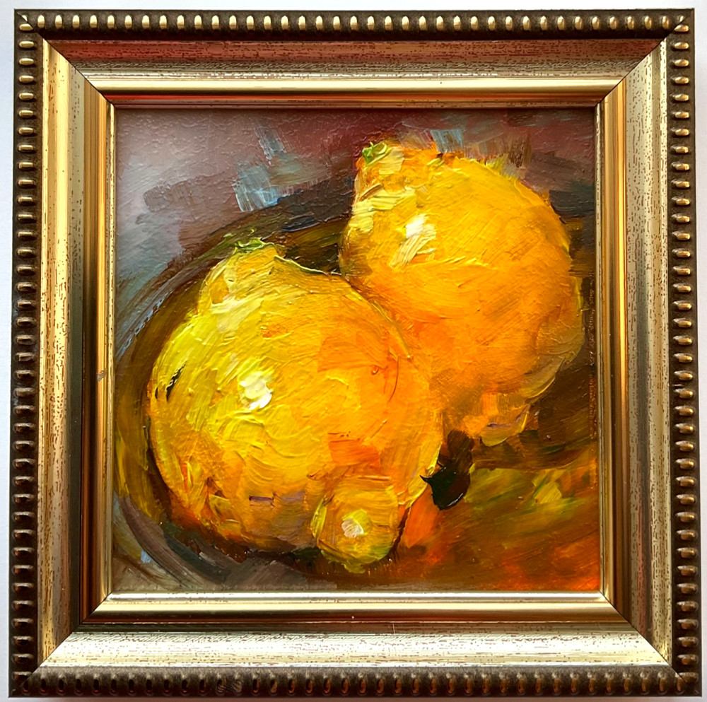 Original Oil Painting Two Lemons Still Life Wall Art framed 4x4inches Signed OS