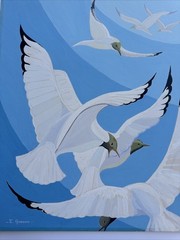 MID CENTURY PAINTING BIRDS MODERNISM CUBISM SIGNED GORDON VINTAGE ILLUSTRATION