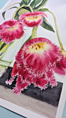Pink Tulips Floral Watercolor Painting Flowers in Vase Romantic Botanical Art