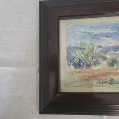 Signed Abstract Watercolor Landscape/Seascape Painting Paper, Matted & Framed