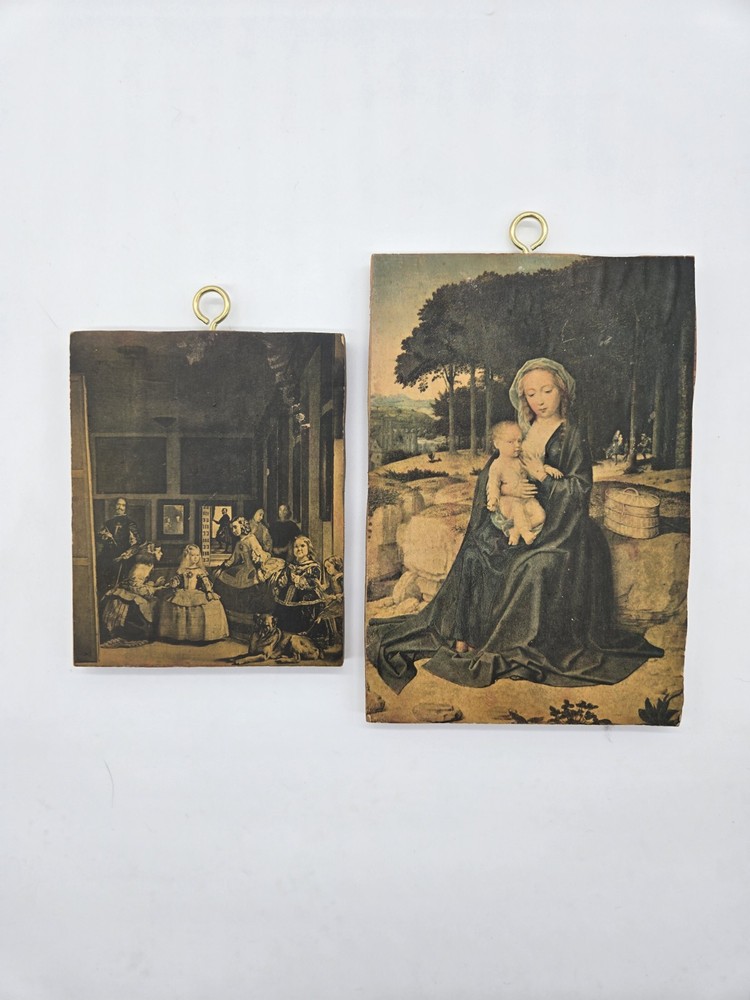 2 Vintage Wood Wall Plaques – Rest on the Flight into Egypt & Las Meninas – OOAK