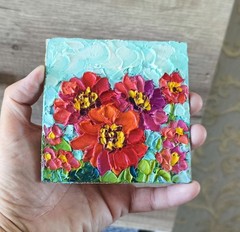 Zinnia Oil Painting Original Miniature 4×4 in Floral Impasto Signed  Art