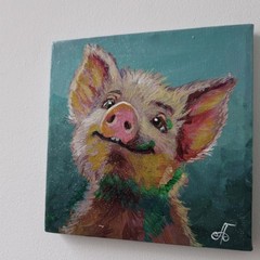 Original Acrylic Painting Cute Happy Pig Portrait Small Hand Painted Canvas Art
