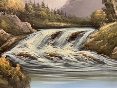 Oil Painting running waterfalls in mountains,small cabin,mountains forest 24×36”