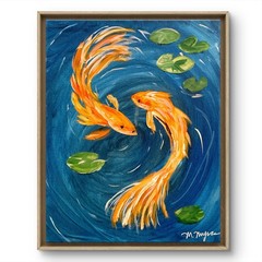 Mary Myers Original Abstract Expressionism 11×14 Golden KOI Fish Pond Signed