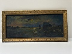 MOON LIGHT LIT PAINTING NOCTURNAL COASTAL NAUTICAL 19TH TO 20TH CENTURY MYSTERY