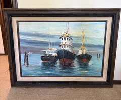 P. G. Tiele Fishing Boats Seascape Oil Painting Large MCM