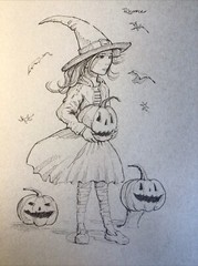 Original Ink Sketch, 9×12 Inches, Halloween Trick-or-Treater With Pumpkins