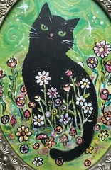Original Ornate Framed Whimsical Painting Mini Black Cat Art 6×8” Signed Oval