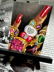 ACEO Original Edition Manicure Red Nails Jewelry Gold Rings Hand Painted Print