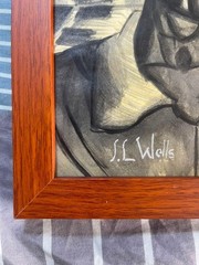 JAMES LESESNE WELLS DRAWING ON ANTIQUE PAPER, FRAMED ON WOOD, SIGNED AND SEALED