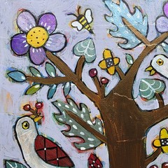 Folk Art ORIGINAL Tree Bird Flower Branch Berry Botanical Bee Nature Whimsy Bugs