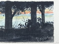 Jim Davel Original Watercolor Painting Sunrise Over Lake Tree View 4×8″ Fine Art
