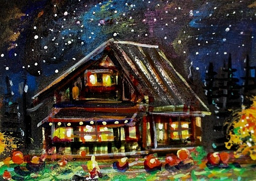 ACEO Original Painting Fall CABIN Star Fire Pumpkin Night Moon Landscape ATC ART