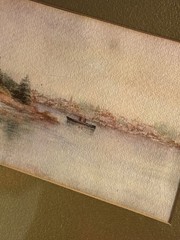 Antique Original Coastal Watercolor Seascape Nautical Landscape w/ Boat