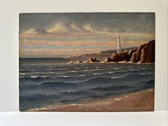WILLIAM HILLIARD PAINTING ANTIQUE COASTAL LIGHTHOUSE BEACH LANDSCAPE FAMOUS OIL