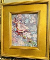 KADLIC Original Oil Painting Modern Abstract Landscape Pink Gray Gold Gilt Frame