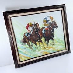 Vintage Horse Racing Oil Painting Equestrian Jockey Wall Art Framed Signed