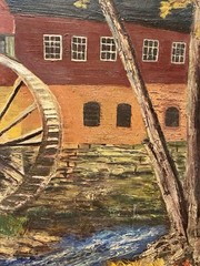 Vintage Original Oil Painting Red Grist Mill Water Wheel Autumn Landscape Art