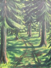 Oil painting green coniferous forest nature painting Denmark BK monogram 95x76cm
