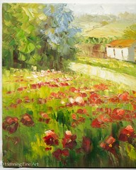 Lovely Impressionist Painting Red Poppy Flower Landscape Signed 16×20″