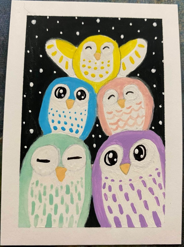 ACEO Original Owl Birds Feathers Stars Sky Miniature Painting Art OneCraftyLady