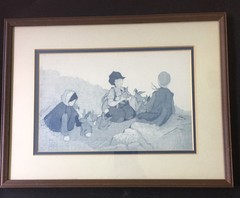 Amish Batik Painting, Vera Kirk, Rabbits and Children, Signed, Framed, COA