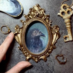 crow oil painting gold frame raven old bird portrait Victorian art antique Goth