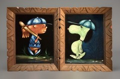 Vintage 1970’s Charlie Brown & Snoopy Baseball Mexican Velvet Oil Paintings.