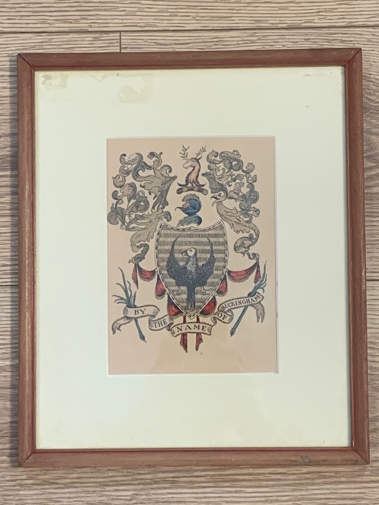 Vintage Buckingham Family Coat of Arms Heraldic Hand Colored Watercolor Art