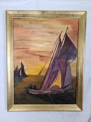 Vintage MCM Sailboat Oil Painting Sunset Seascape Signed Nautical Antique Art
