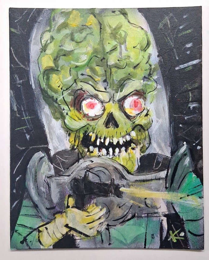 Original Mars Attacks Martian Folk Pop Art Painting Thayer OOAK Canvas Monster