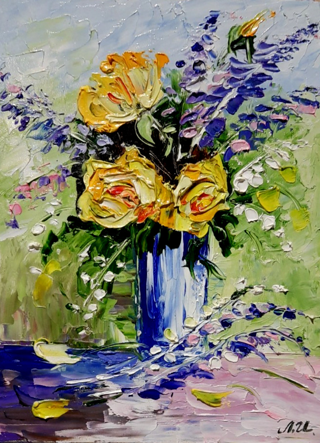 Yellow roses in a vase. Oil painting 6×8 inches. Handmade. Artist from Ukraine.