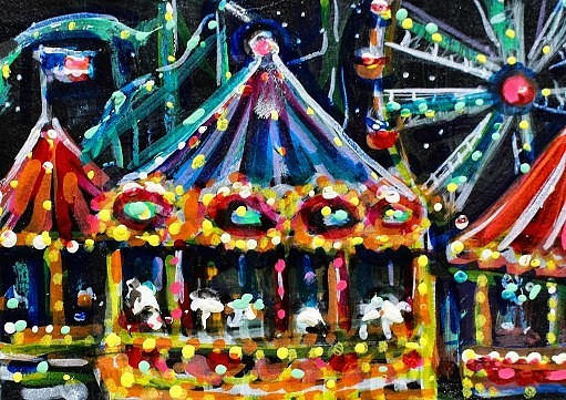 ORIGINAL ACEO Painting CARNIVAL Fair Amusement Park Fireworks Rides Fun ATC ART