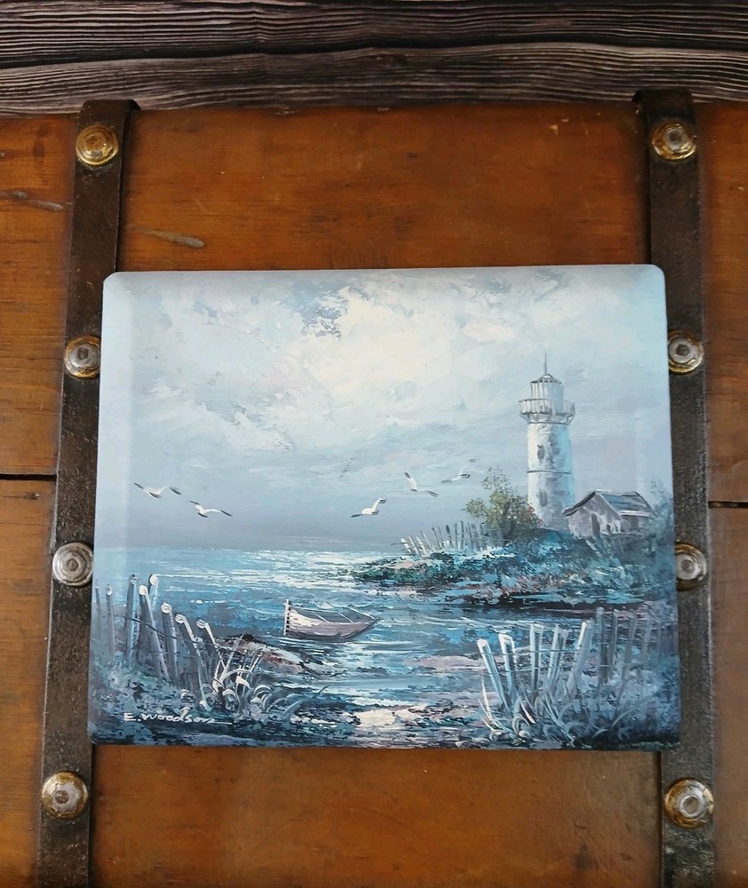 Lighthouse Everett Woodson 7.5″ x 9″ Oil Painting Seacoast Boat Gull Frameless