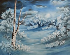 Winter Moon Snowy Night Landscape Original Oil Painting Trees Moonlight