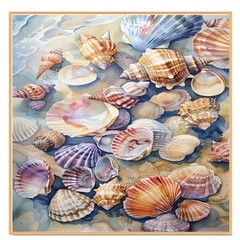 Watercolor Painting of Colorful Assorted Seashells on the Shore with Ocean Foam