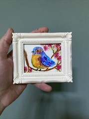 Bird,flowers, Watercolor Painting On Paper,framed,cute,funny,miniature,3/4