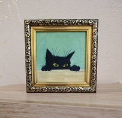 ORIGINAL Oil Painting Black cat Animals Pet Contemporary Wall art Miniature