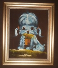 Blue Dog On Black Velvet Painting With Metallic Color Frame, No Signature