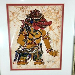 Hindu Fabric Painting of of Kumbakarna Wayang Kulit Shadow Puppet 16 x 13
