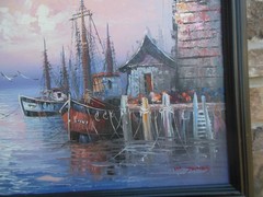 Vintage W. Jones Signed Oil Painting Harbor Boats Seascape Framed Art 23″ x 19″