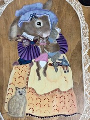 Vintage Hand Painted Wall Art 80s Wood Hanging Mother Bunny Rabbit Babies Cat