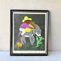 Vintage Mexican Folk Art Painting Burro Donkey Framed Wall Art Gouache 10×12