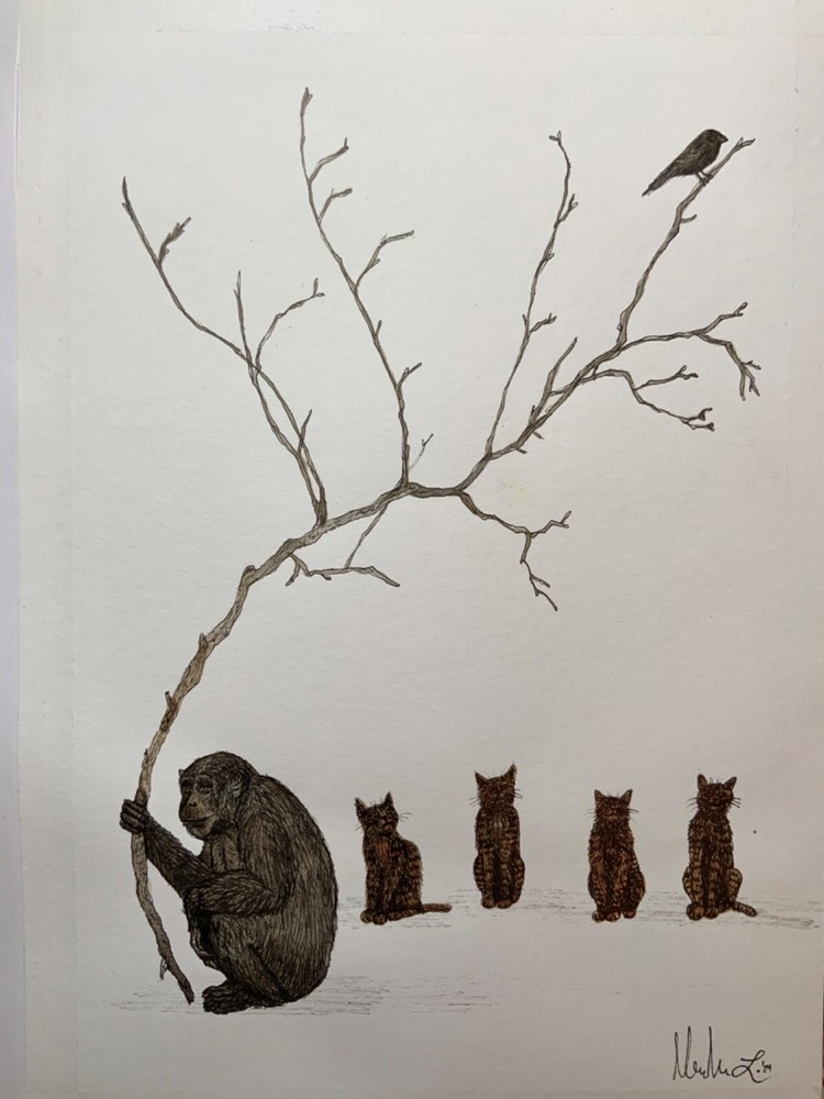 Ape and cats, bird, ink, acrylic, monkey, pets,magritte, original by Milan Zazel