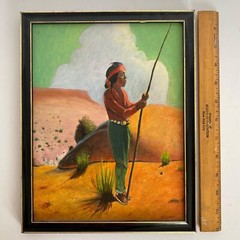c1965 Ed Lent Navajo Shepherd Shepherdess Original Oil Paintings Pair Vintage