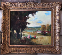 Artist Juan Giralt Lerin 1920-? Framed Oil Painting The Village 32.5″ x 28.5″